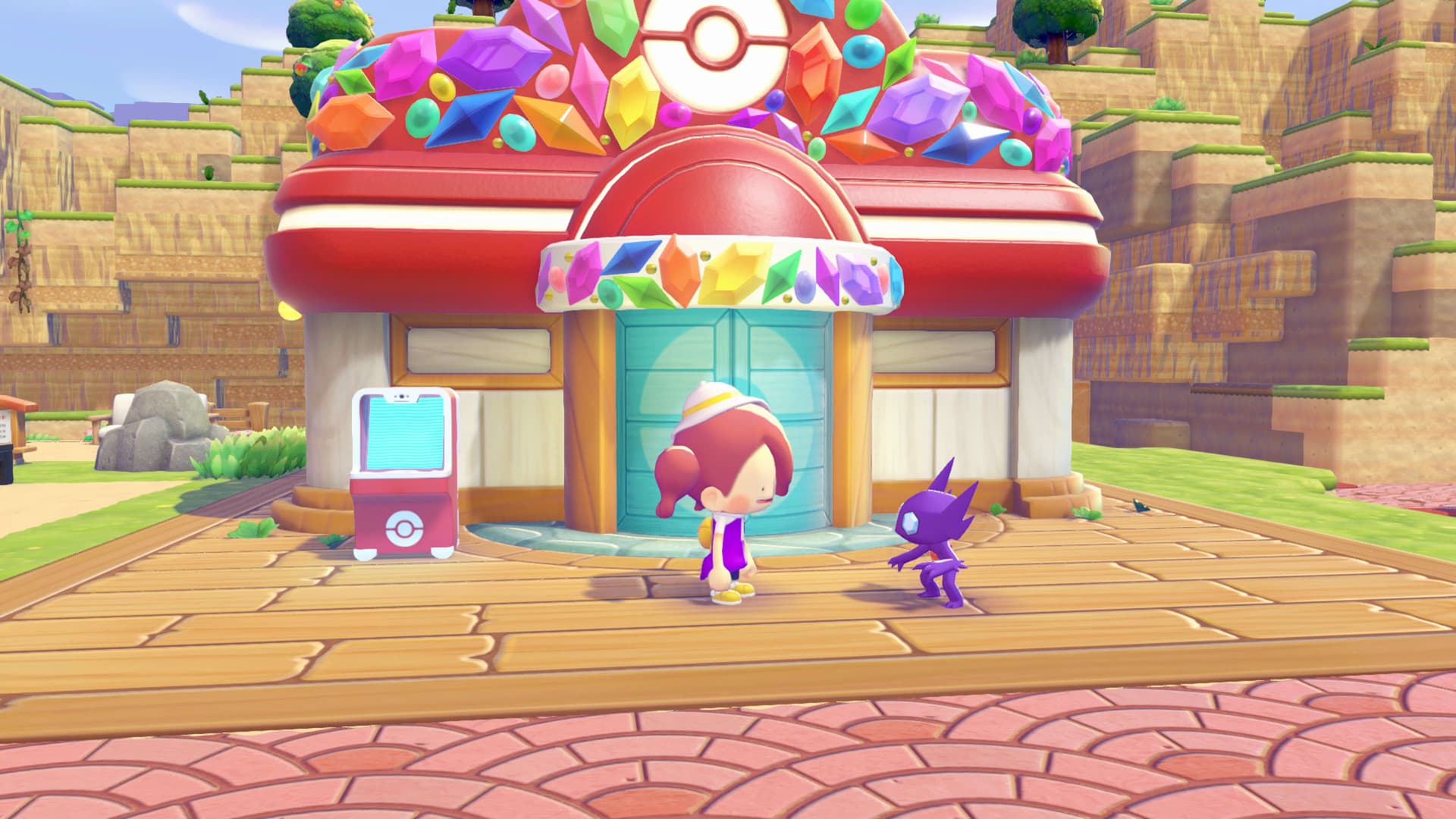 《Pokémon Pokopia》活动画面:勾魂眼的水晶探宝期间,勾魂眼出现在宝可梦中心。