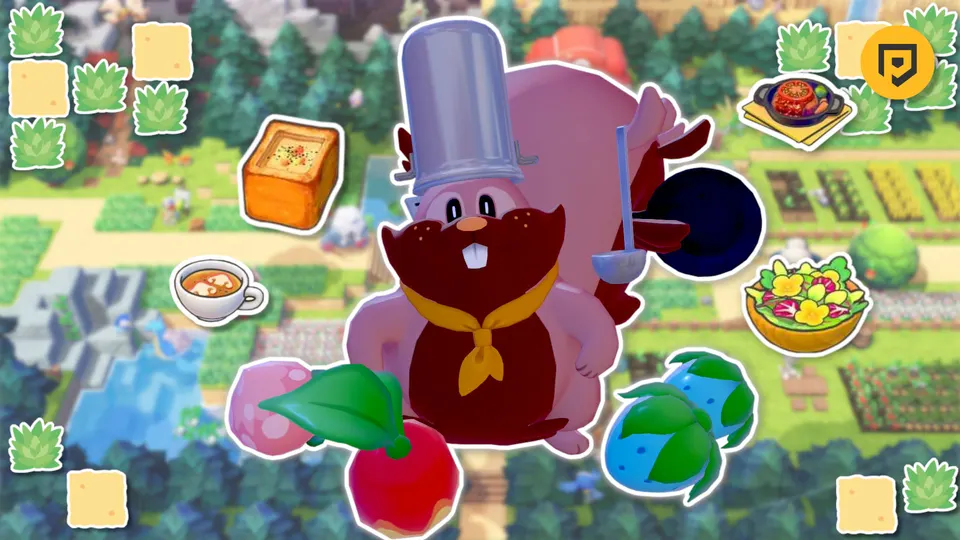 《Pokémon Pokopia》中,Chef Dente 站在一组食材和成品料理旁,展示烹饪系统界面。